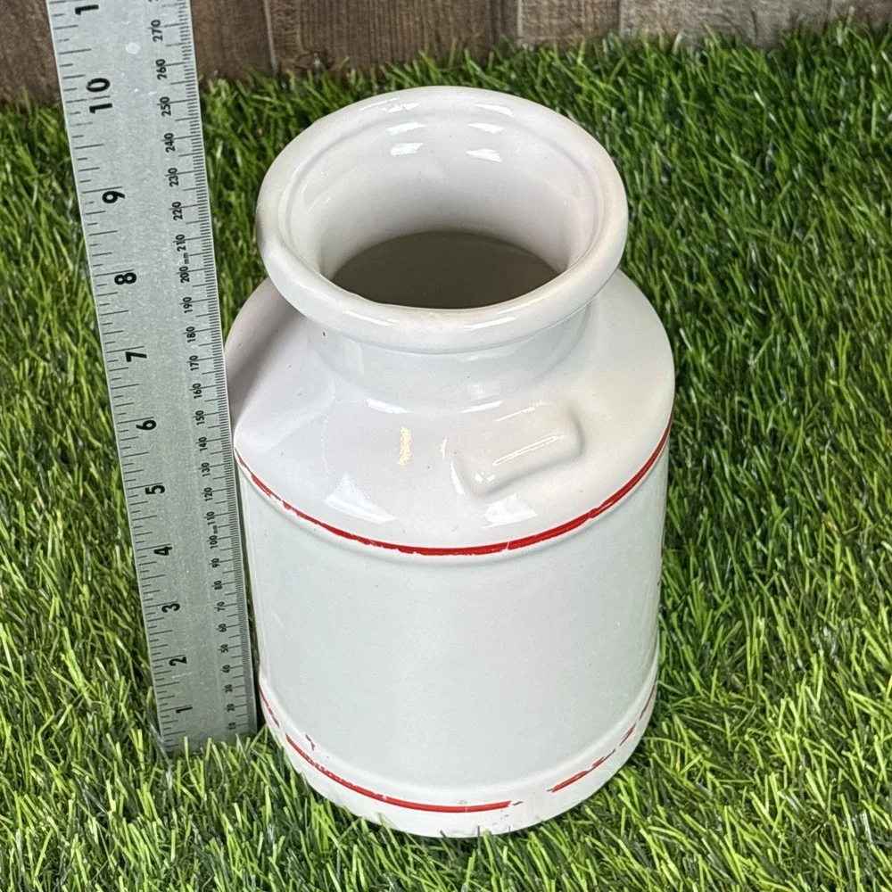 Vintage White‎ Ceramic Cream Canister Jar w Lid Red Lettering Farmhouse
